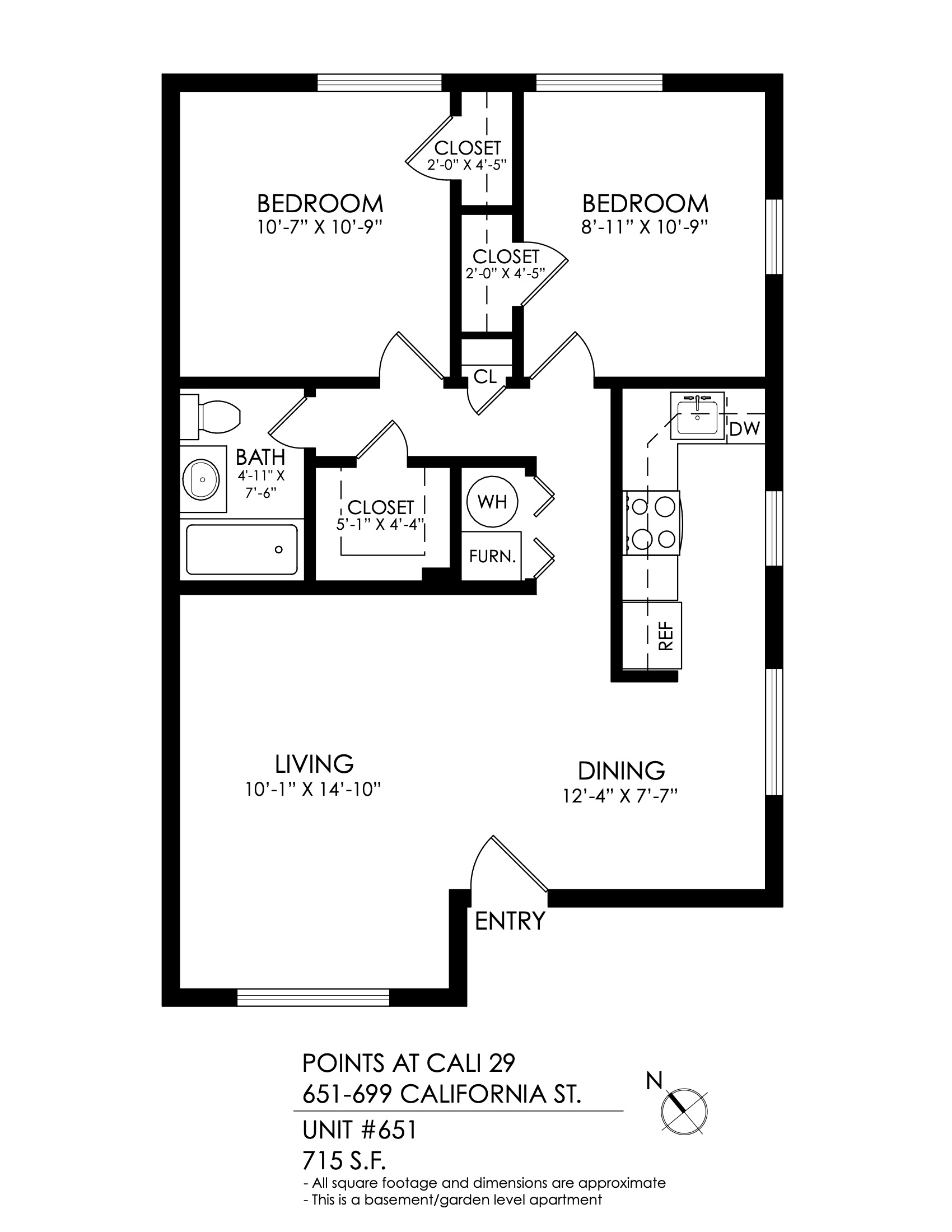 Floor plan for 2 beds, 1 bath, 750 sqft
